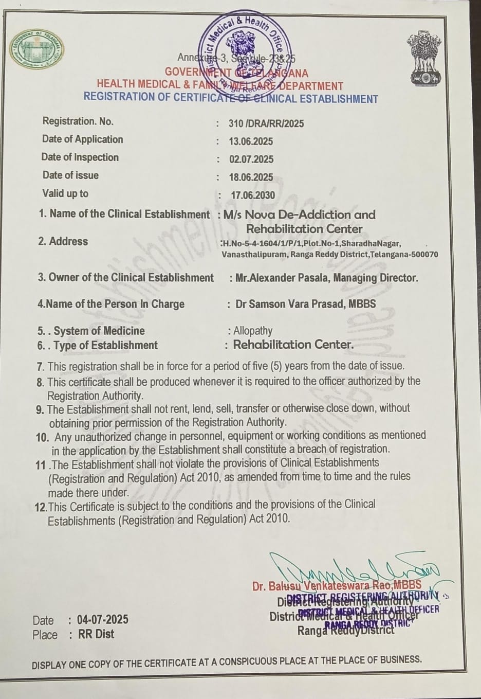 Government Registration Certificate Nova Rehabilitation Center